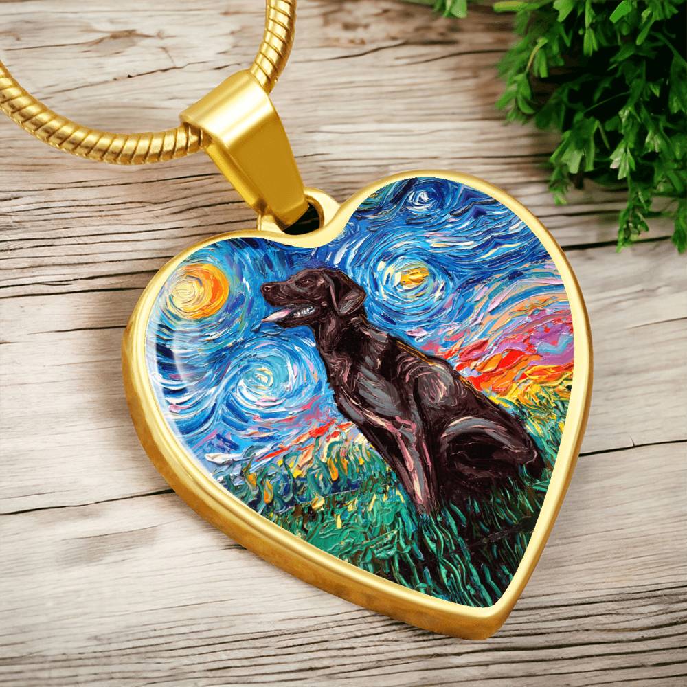 Chocolate Labrador Starry Night Heart Necklace