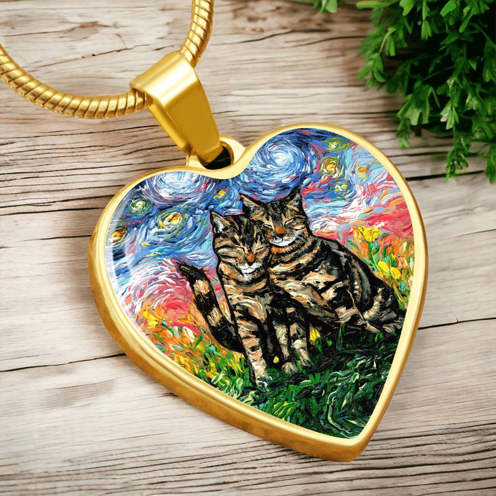 Two Tabby Cats Starry Night Heart Necklace
