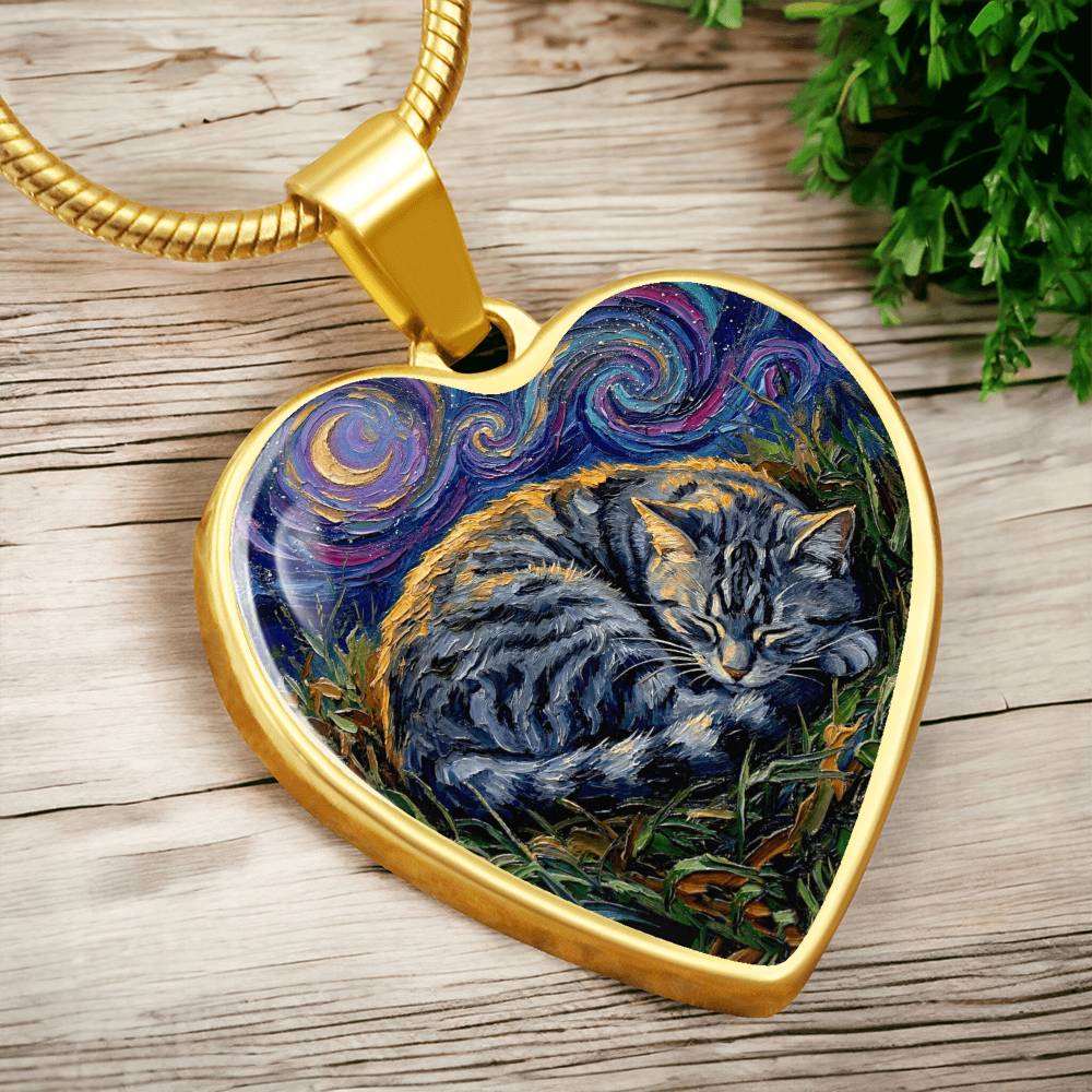 Sleepy American Shorthair Tabby Heart Necklace