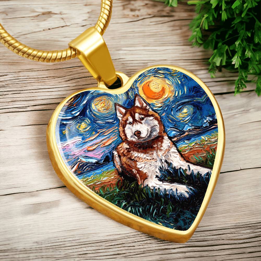 Red and White Husky Starry Night Heart Necklace