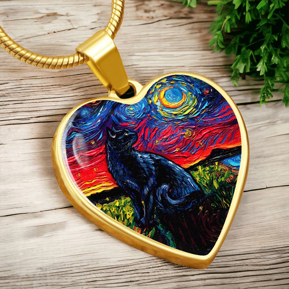 Black Cat 2 Starry Night Heart Necklace