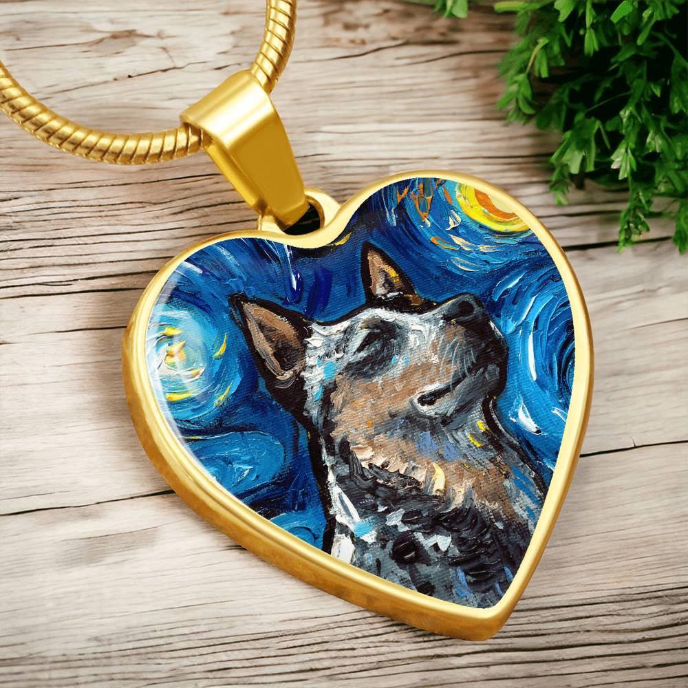Blue Heeler Portrait Starry Night Heart Necklace