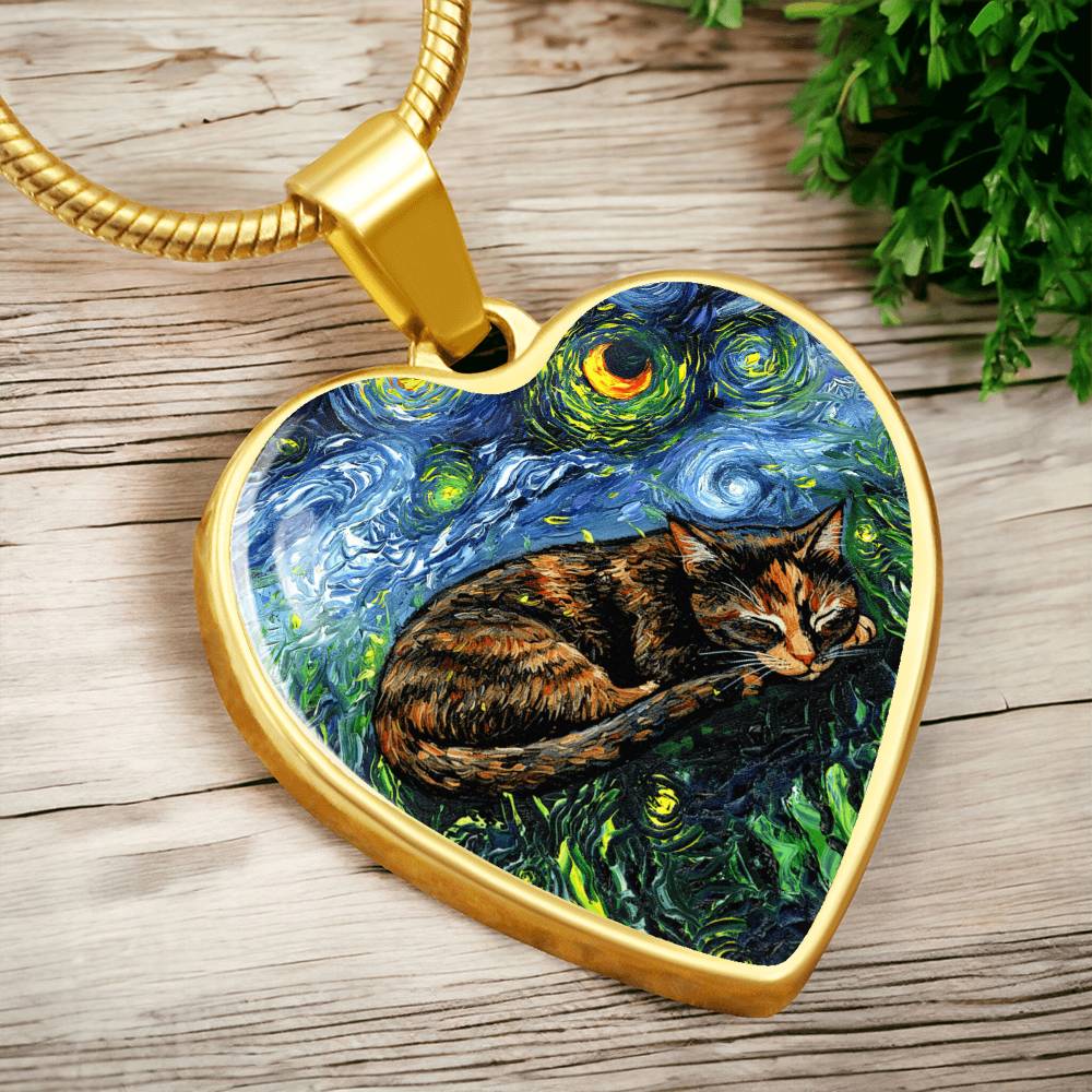 Sleepy Tortie Starry Night Heart Necklace