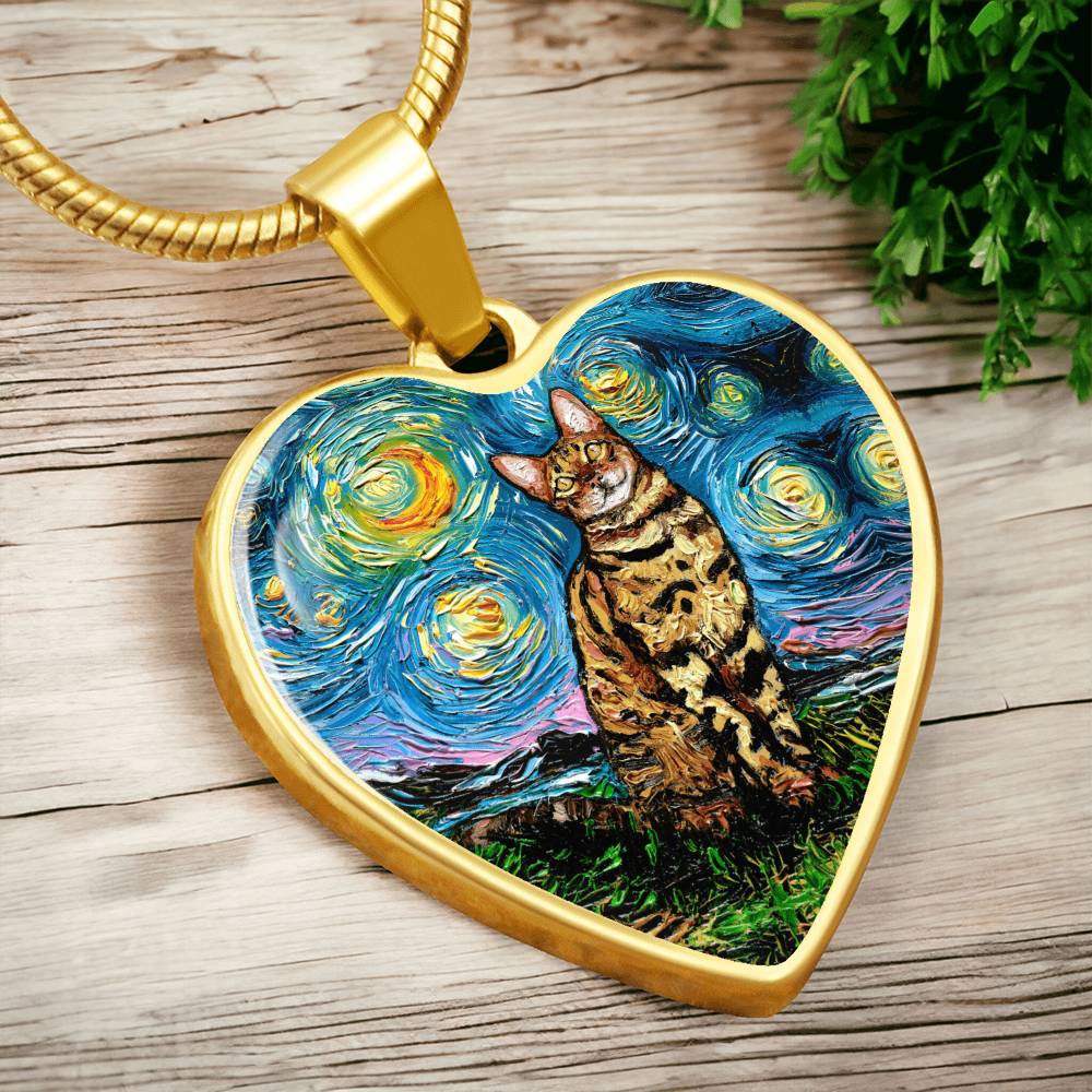 Bengal Cat Starry Night Heart Necklace