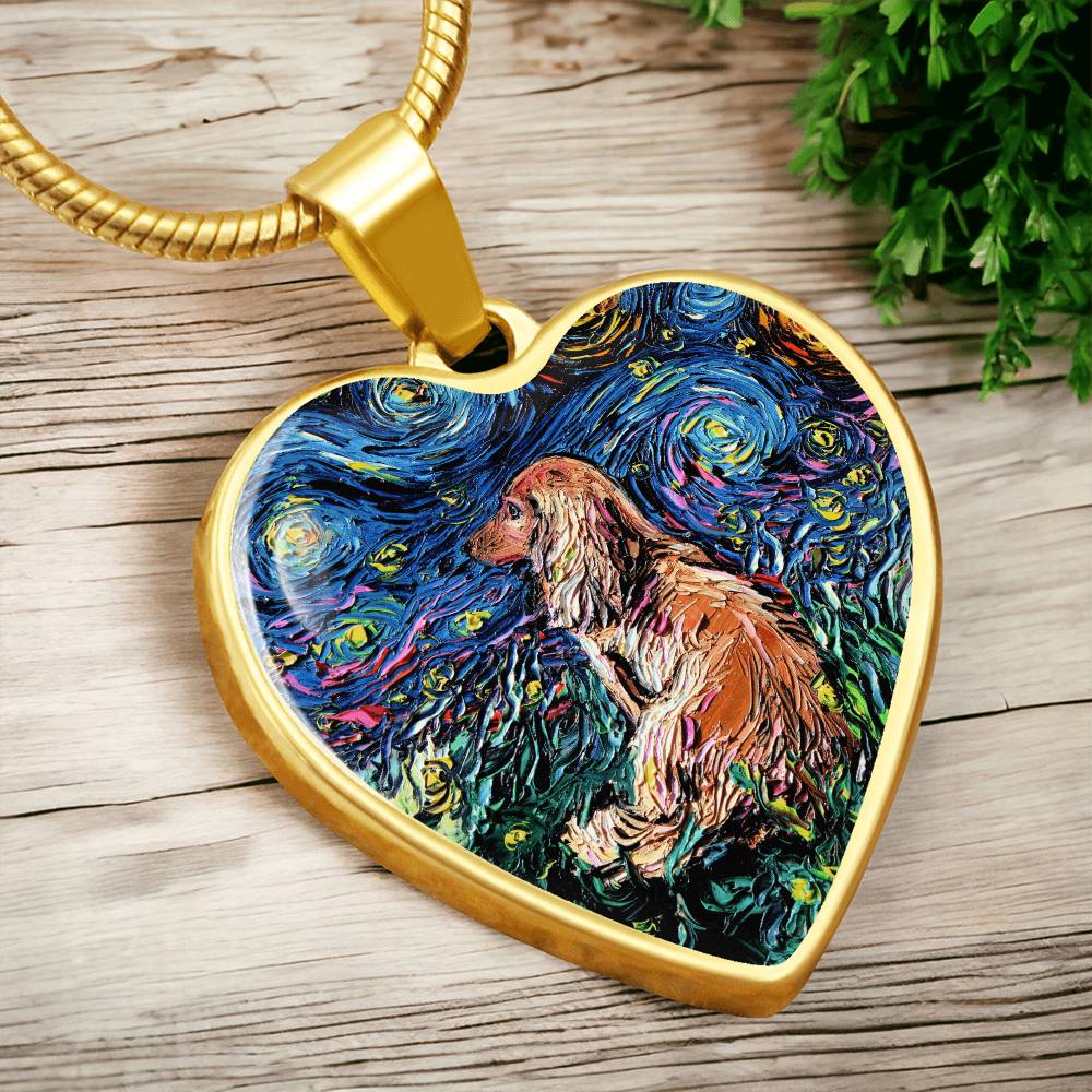 Brown Long Hair Dachshund Starry Night Heart Necklace
