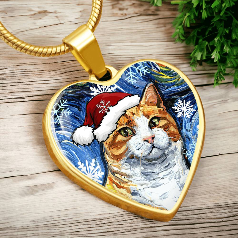 Orange Tuxedo Tabby Christmas Heart Necklace