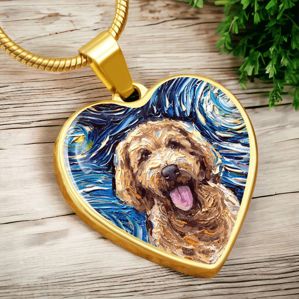 Goldendoodle Portrait Starry Night Heart Necklace