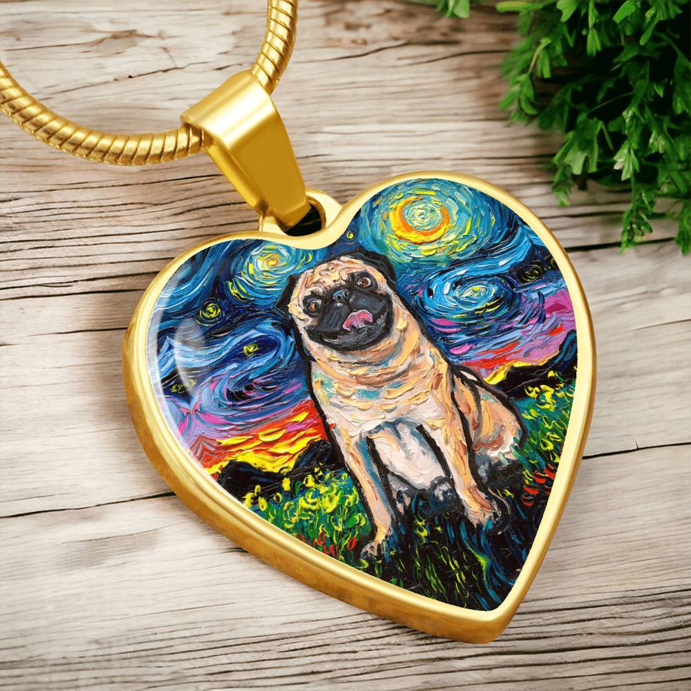 Fawn Pug Starry Night Heart Necklace