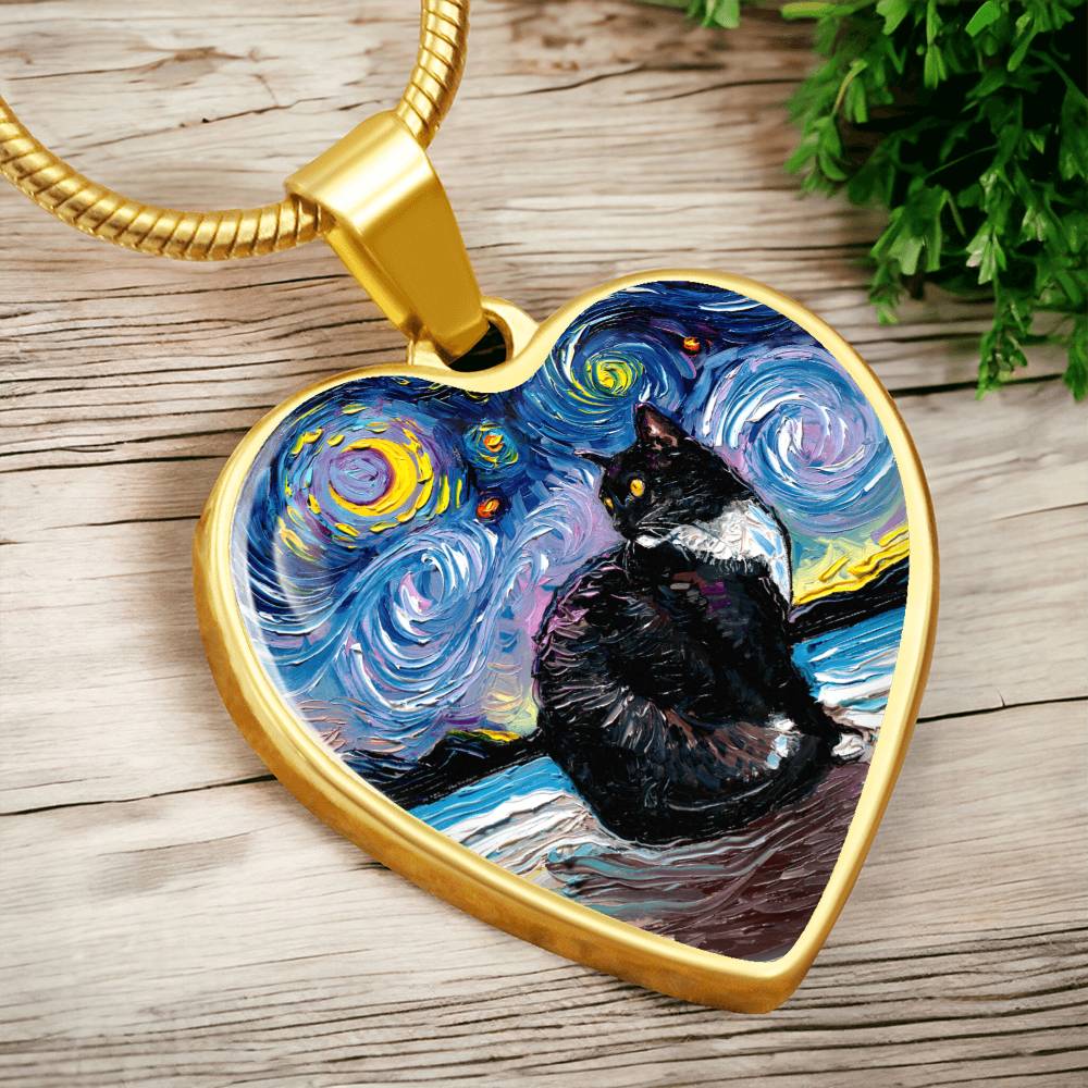 Tuxedo Cat with Yellow Eyes Starry Night Heart Necklace