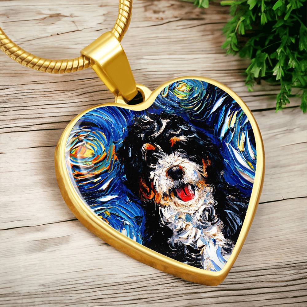 Bernedoodle Starry Night Heart Necklace