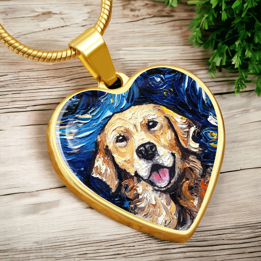 Golden Retriever Portrait Starry Night Heart Necklace
