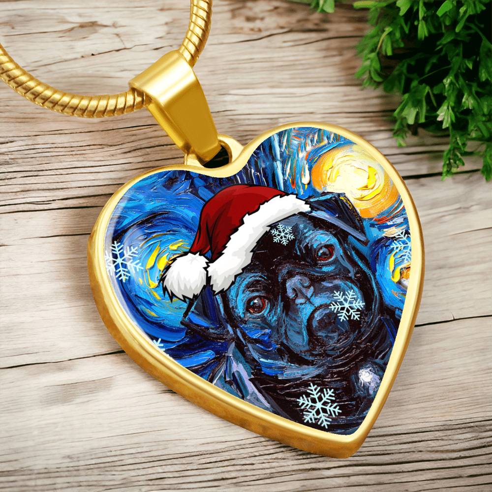Santa Black Pug Heart Necklace