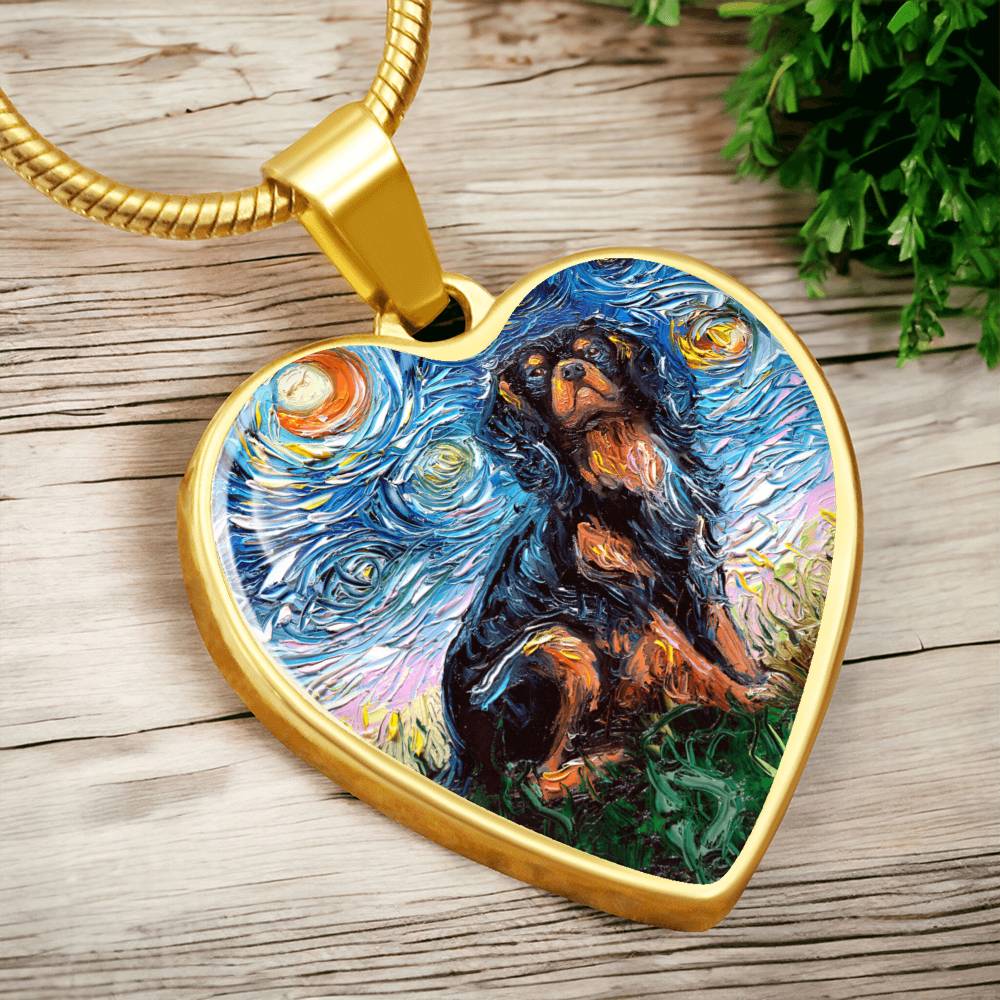 Black and Tan Cavalier King Charles Spaniel Starry Night Heart Necklace