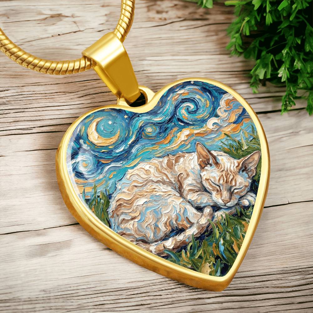 Sleepy Cornish Rex Night Heart Necklace