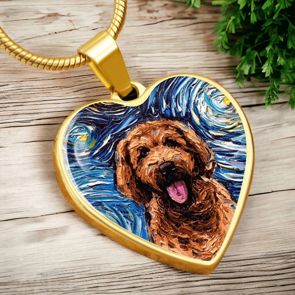 Apricot Goldendoodle Portrait Starry Night Heart Necklace