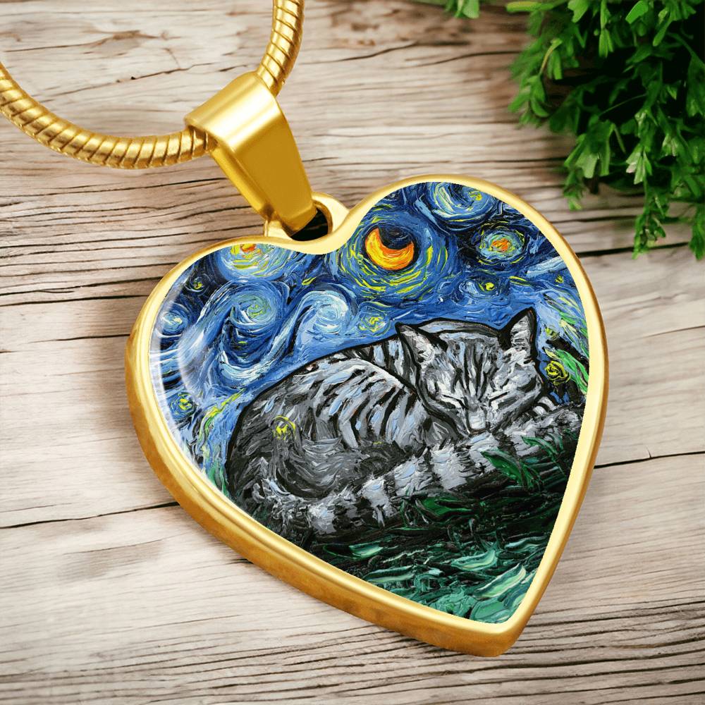 Sleeping Gray Tabby Cat Starry Night Heart Necklace