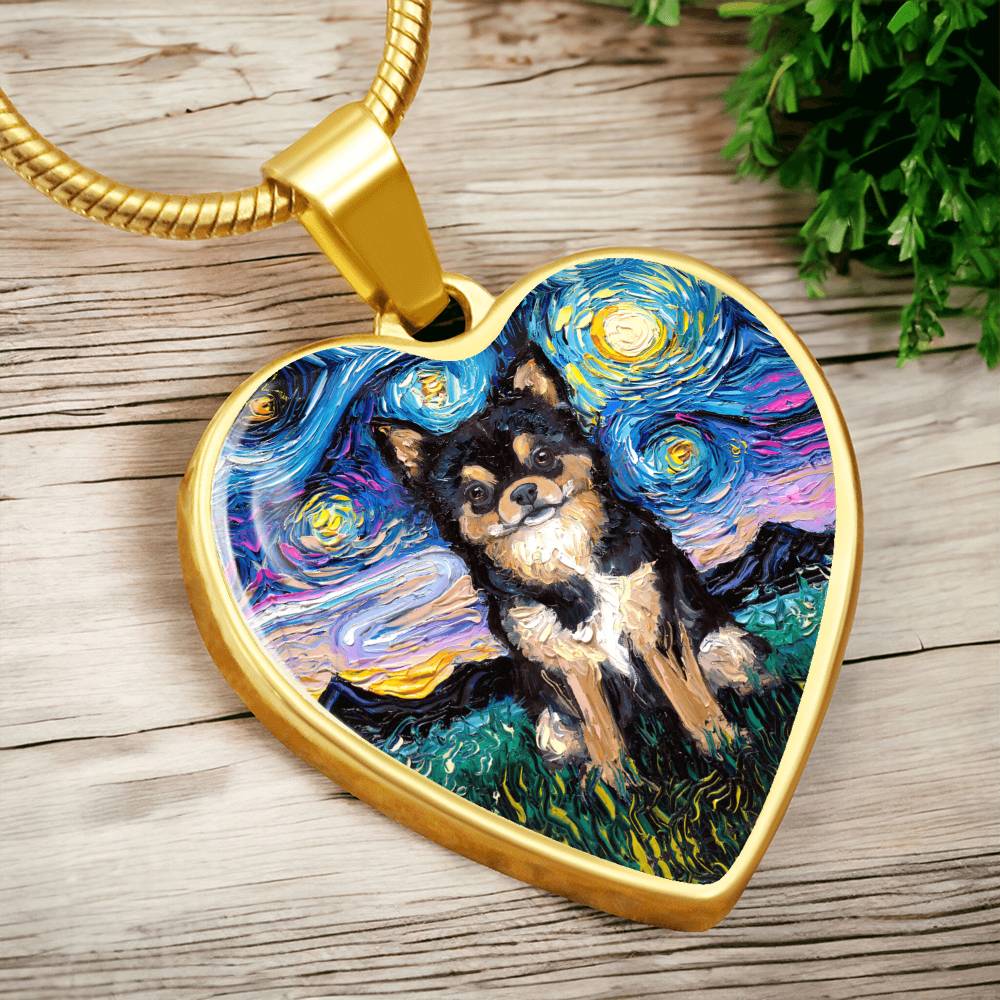Long Hair Black and Tan Chihuahua Starry Night Heart Necklace