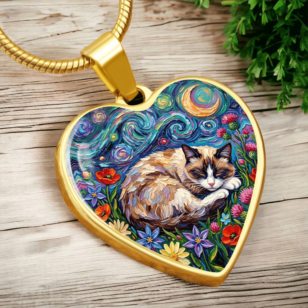Sleepy Snowshoe Cat Night Heart Necklace
