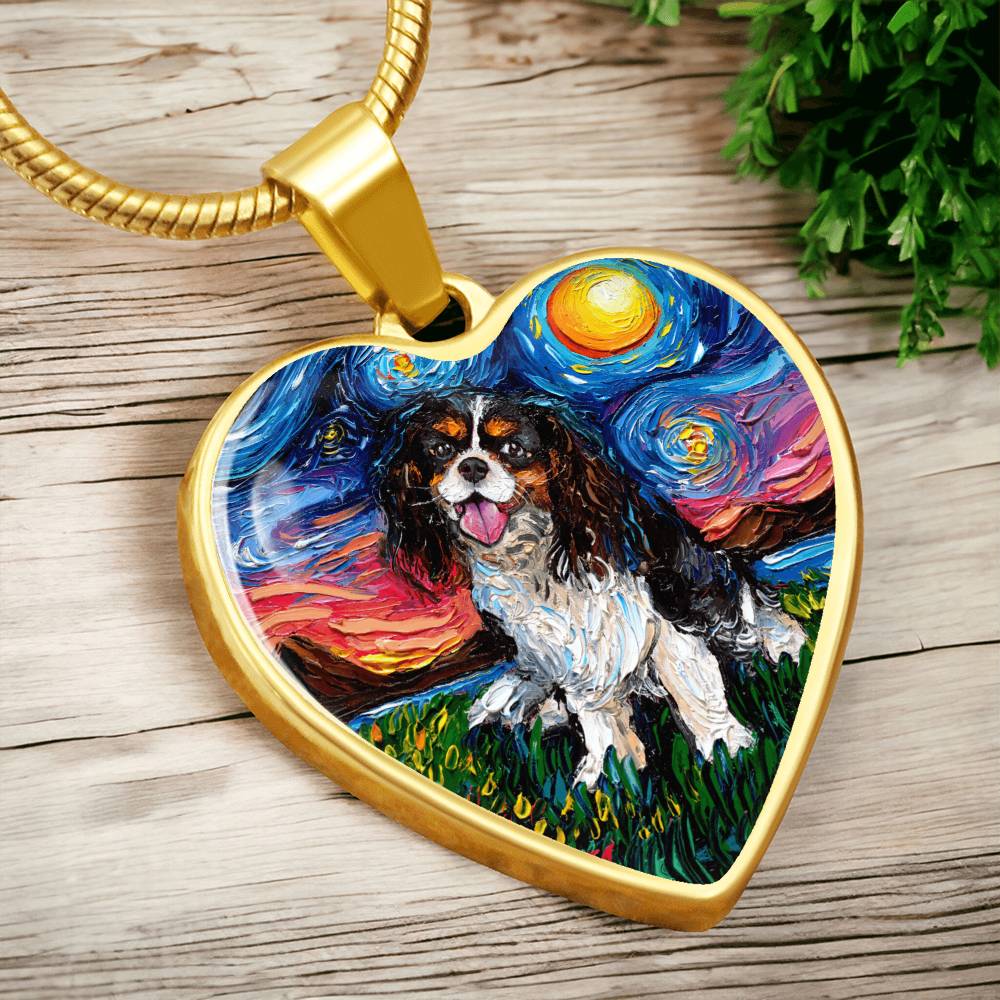 Tri Color Cavalier King Charles Spaniel Starry Night Heart Necklace