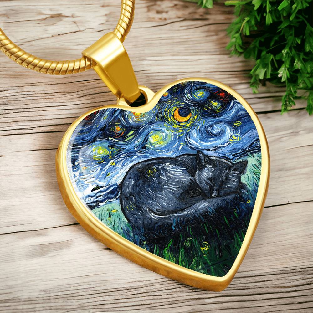 Sleeping Black Cat Starry Night Heart Necklace