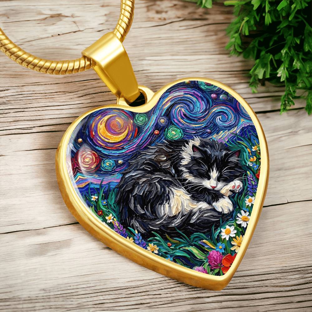 Sleepy Long Hair Tuxedo Heart Necklace