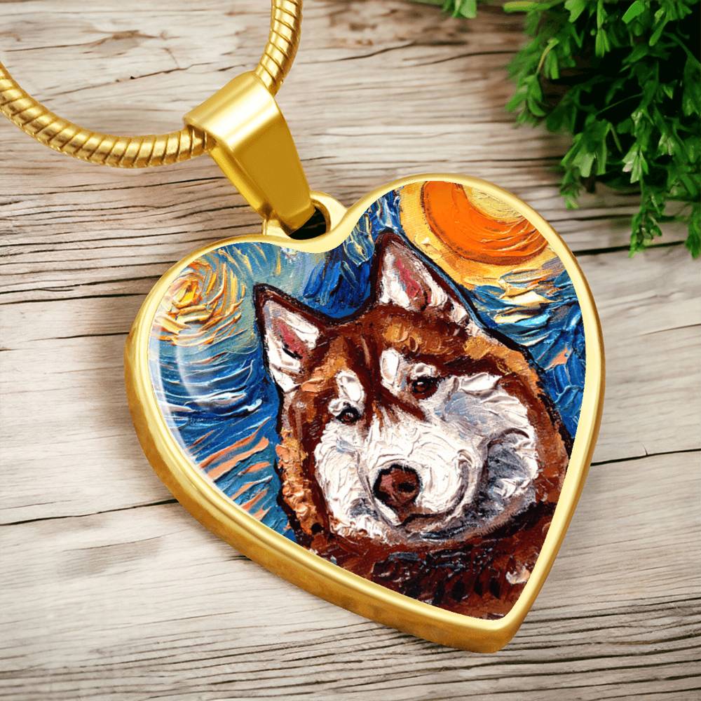 Red and White Husky Portrait Starry Night Heart Necklace