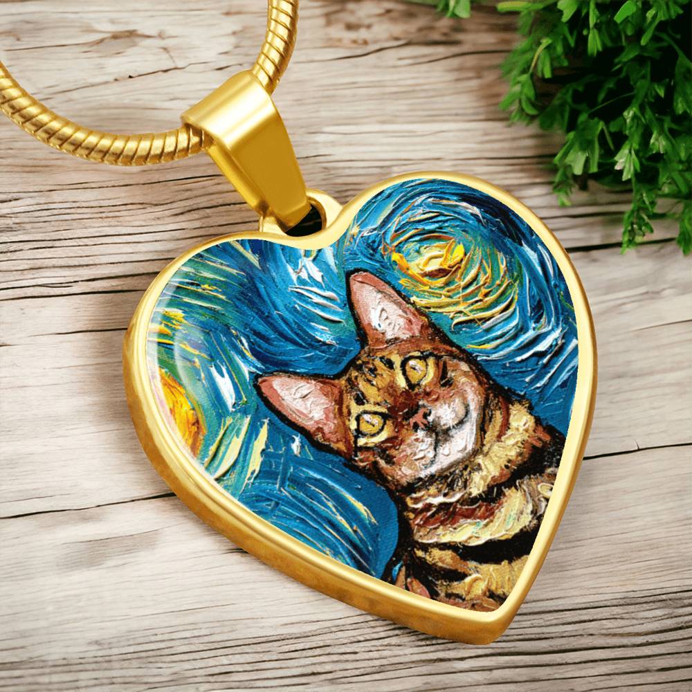 Bengal Cat Starry Night Heart Necklace