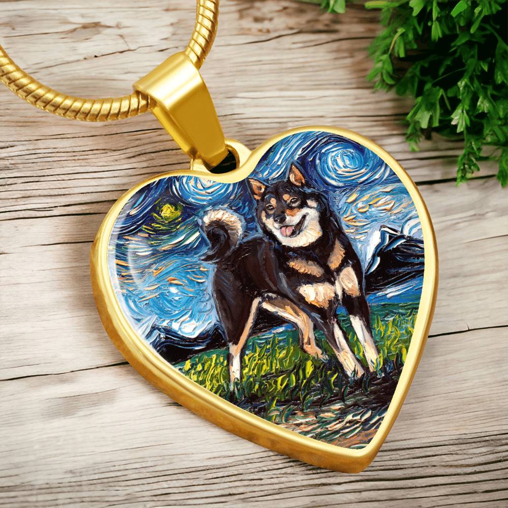 Black and Tan Shiba Inu Starry Night Heart Necklace