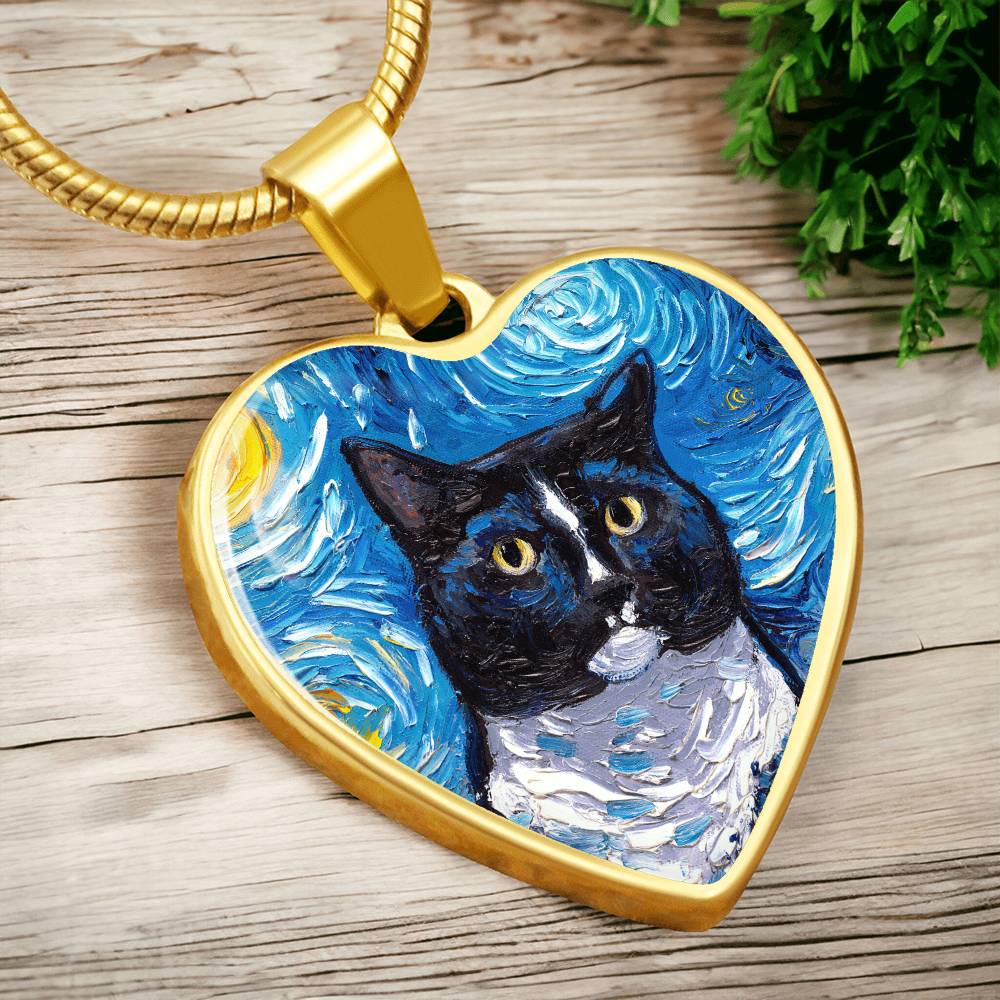 Tuxedo Cat Portrait Starry Night Heart Necklace