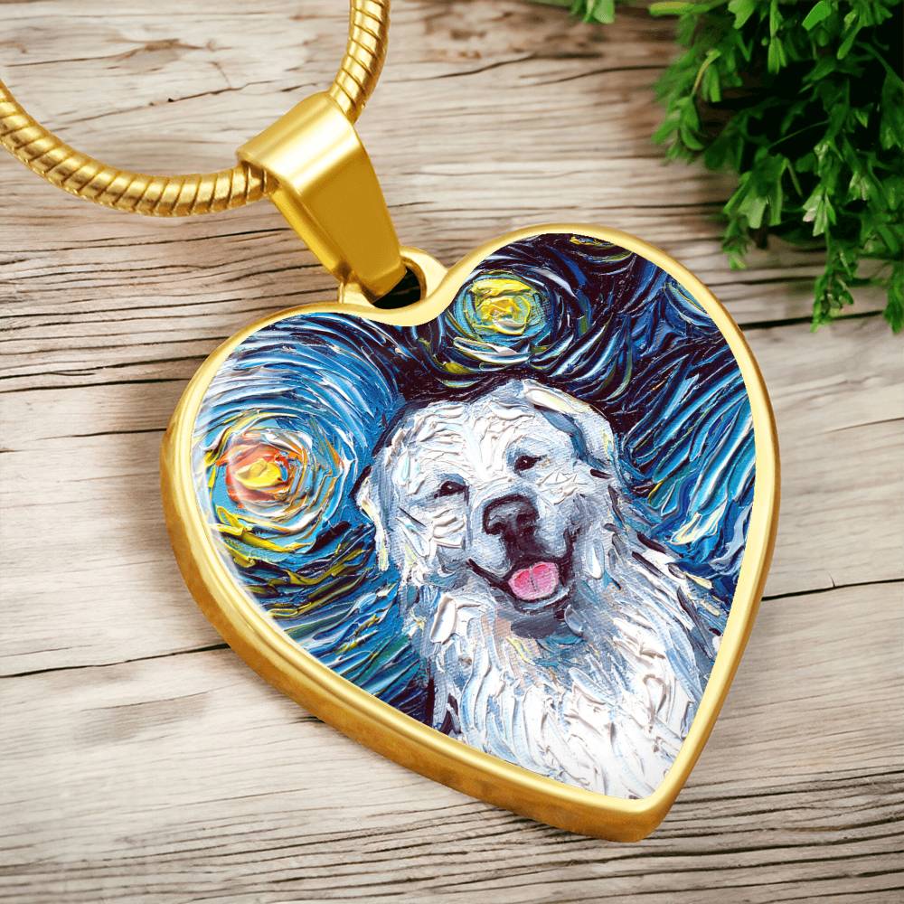 Great Pyrenees Portrait Starry Night Heart Necklace