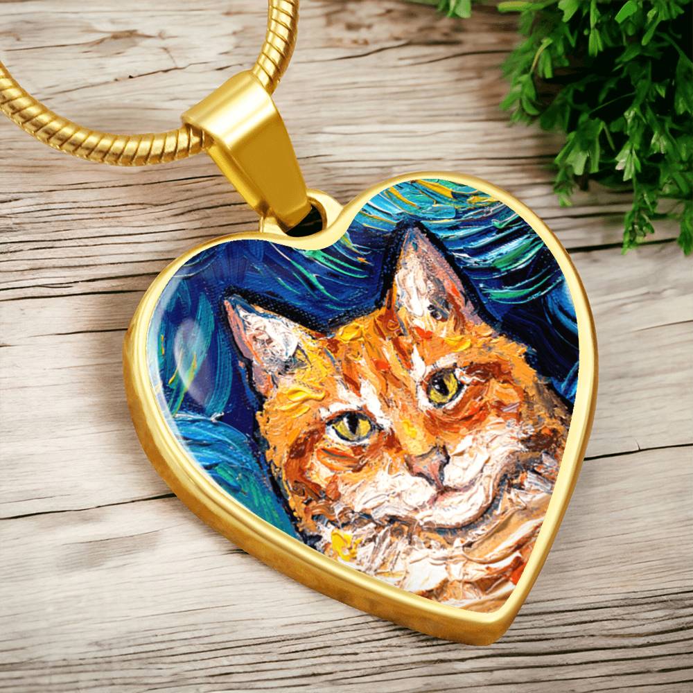 Orange Tabby Cat Portrait Starry Night Heart Necklace