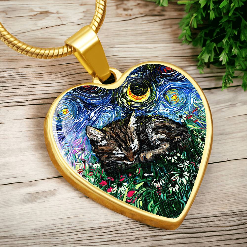 Tabby Kitten Starry Night Heart Necklace