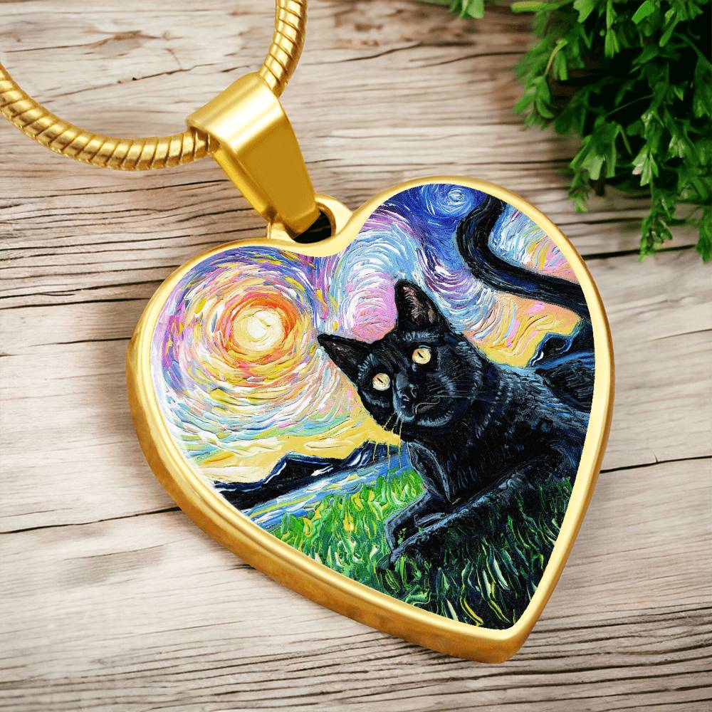 Black Cat and Sunset Starry Night Heart Necklace