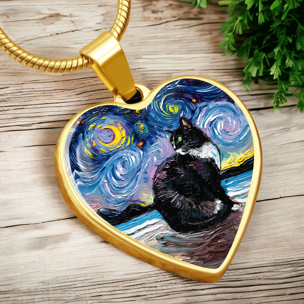 Tuxedo Cat with Green Eyes and White up nose Starry Night Heart Necklace