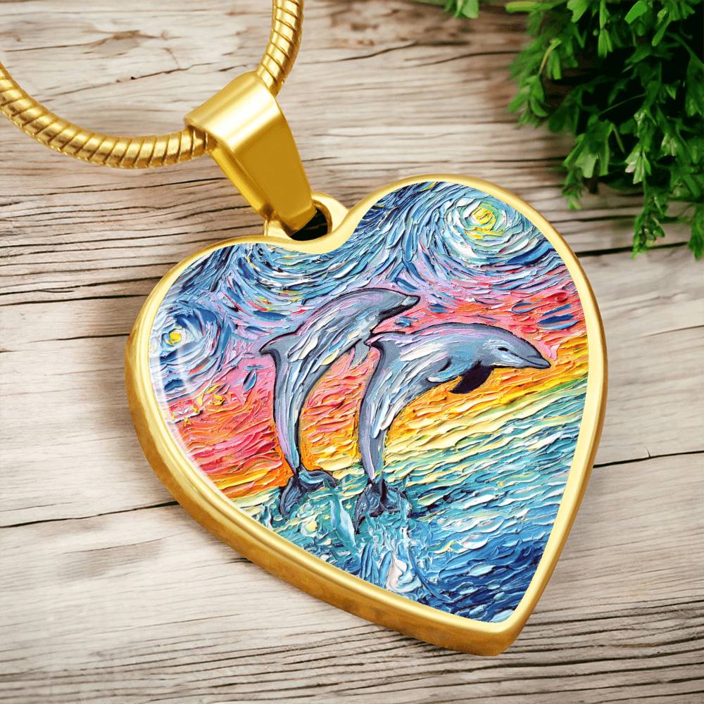 Dolphins Jumping Pastel Starry Night Heart Necklace