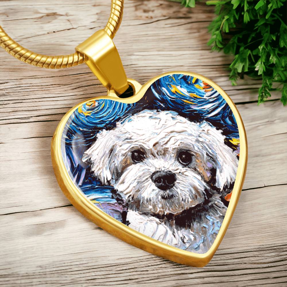 Maltipoo Portrait Starry Night Heart Necklace