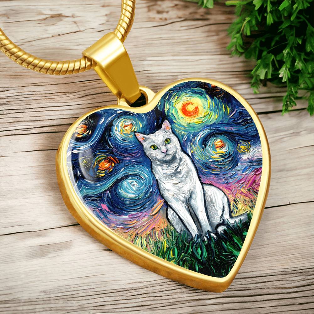 Seated White Cat Starry Night Heart Necklace