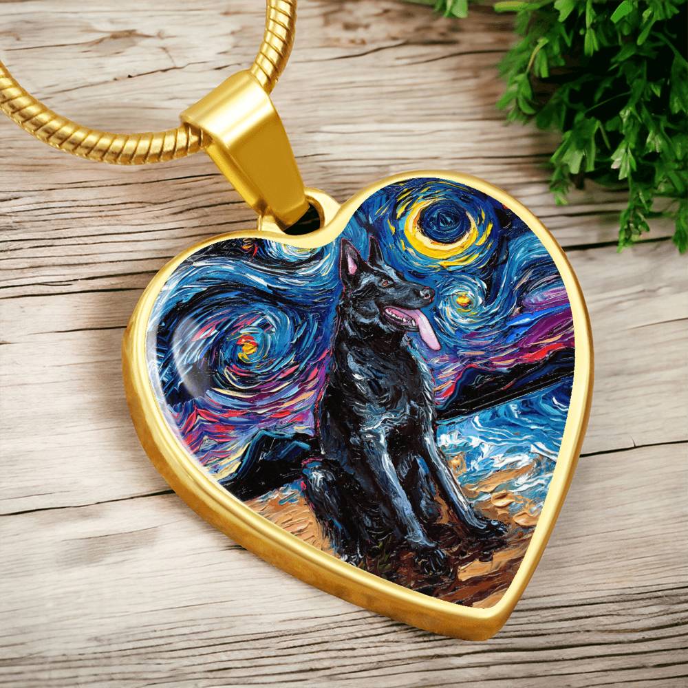Black German Shepherd Starry Night Heart Necklace