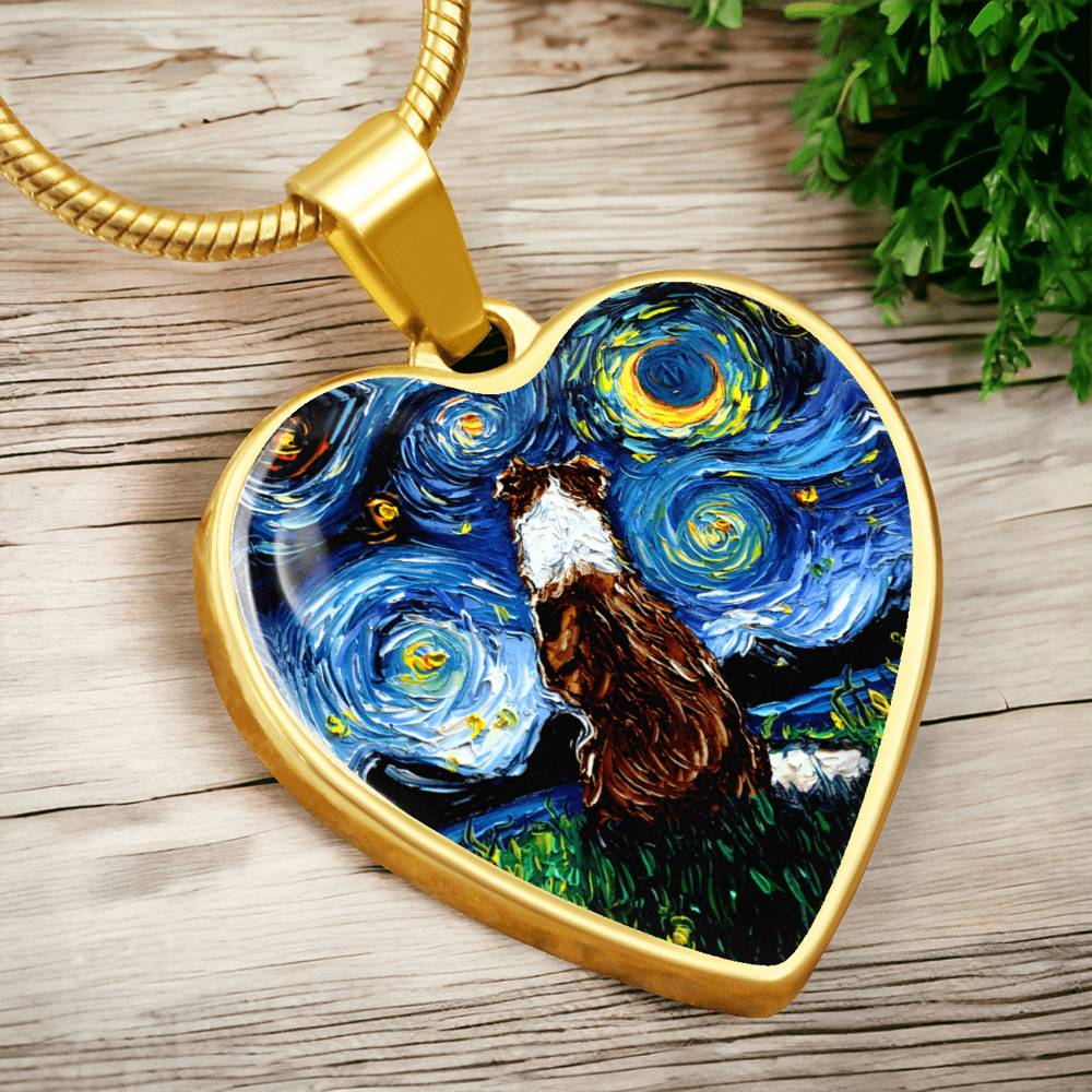 Red Border Collie Starry Night Heart Necklace