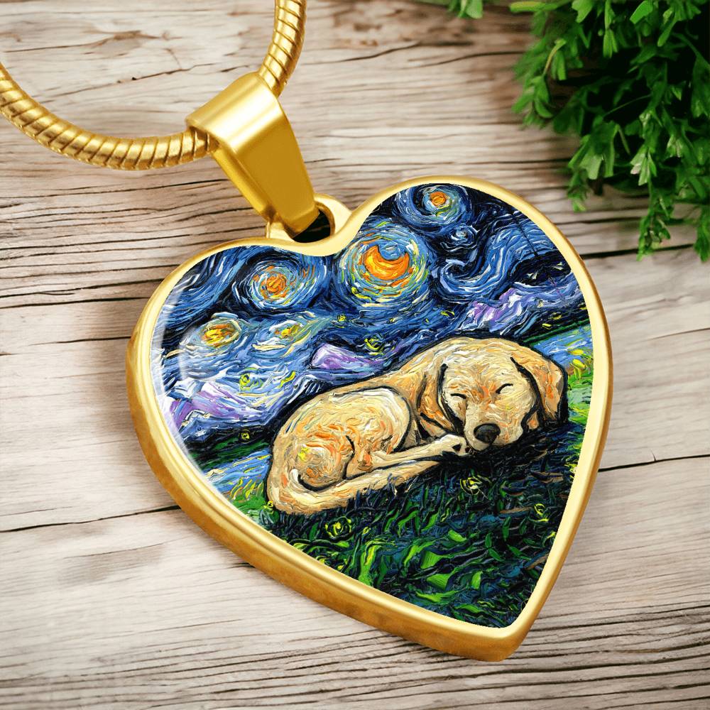 Sleeping Yellow Labrador Starry Night Heart Necklace