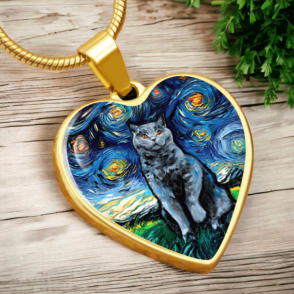 Blue British Shorthair Starry Night Heart Necklace