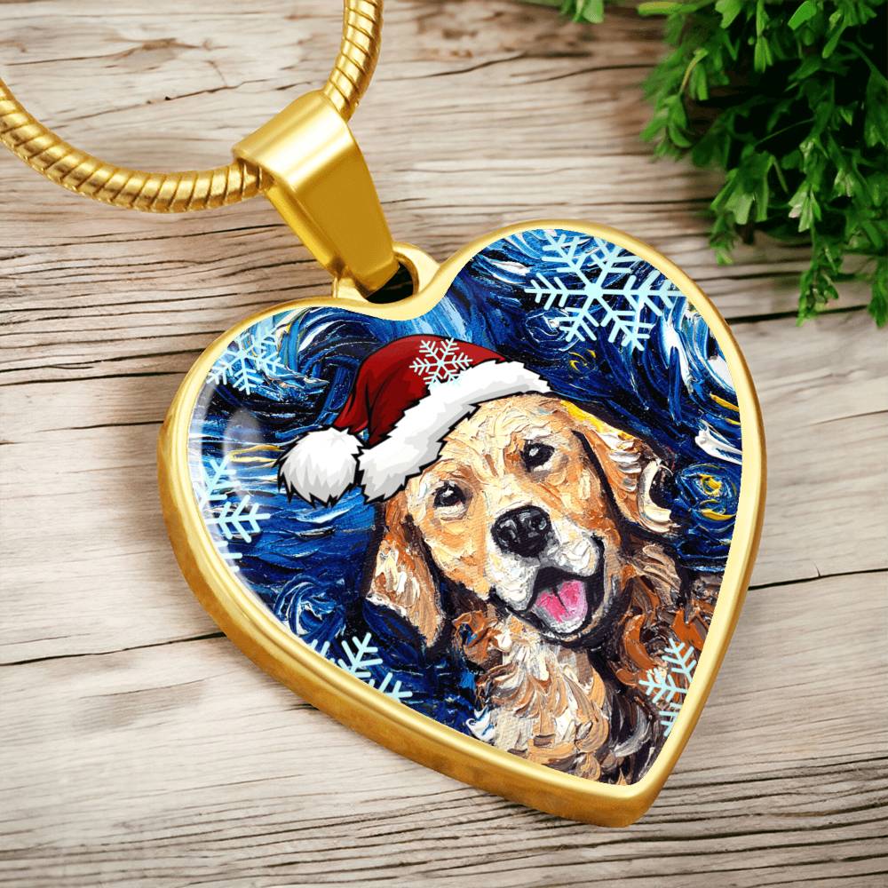 Golden Retriever in Santa Hat Starry Night Heart Necklace