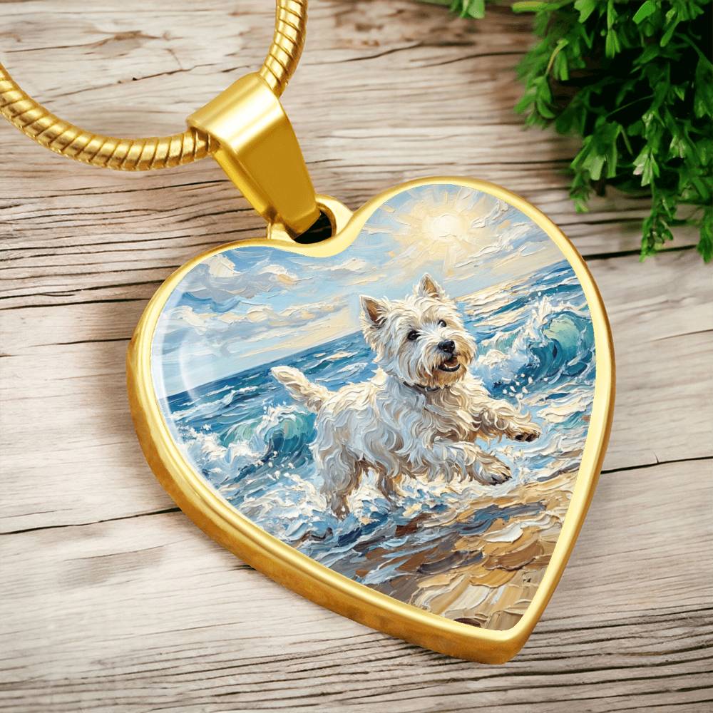 Frolicking Westie at the Beach Heart Necklace