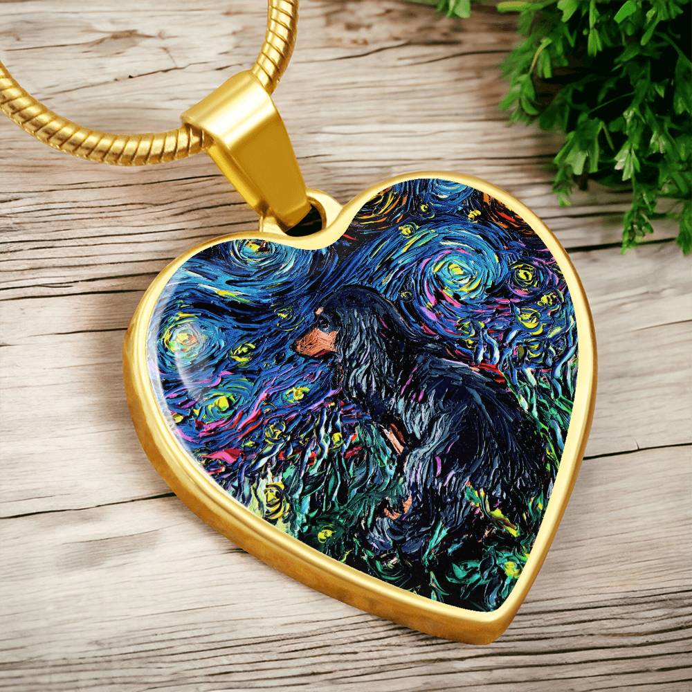 Black and Tan Long Hair Dachshund Starry Night Heart Necklace