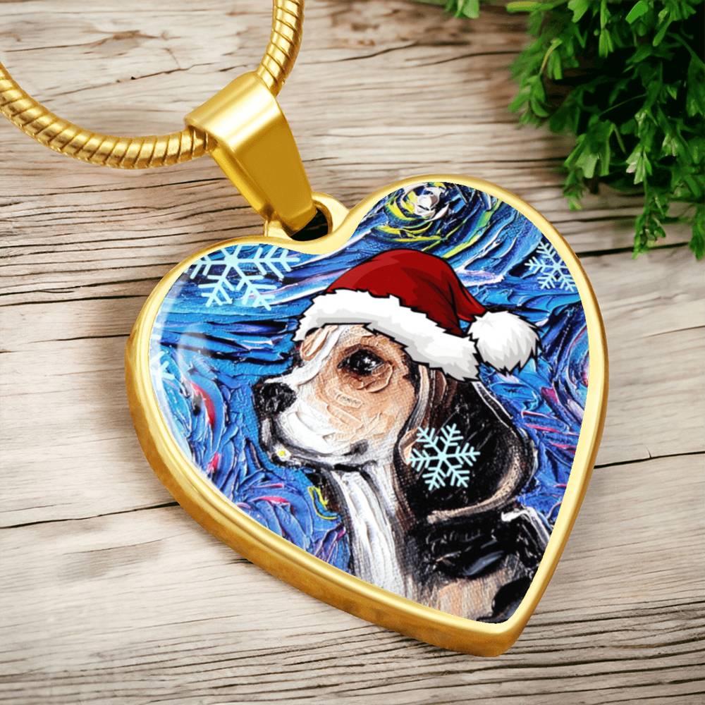 Beagle in Santa Hat Starry Night Heart Necklace
