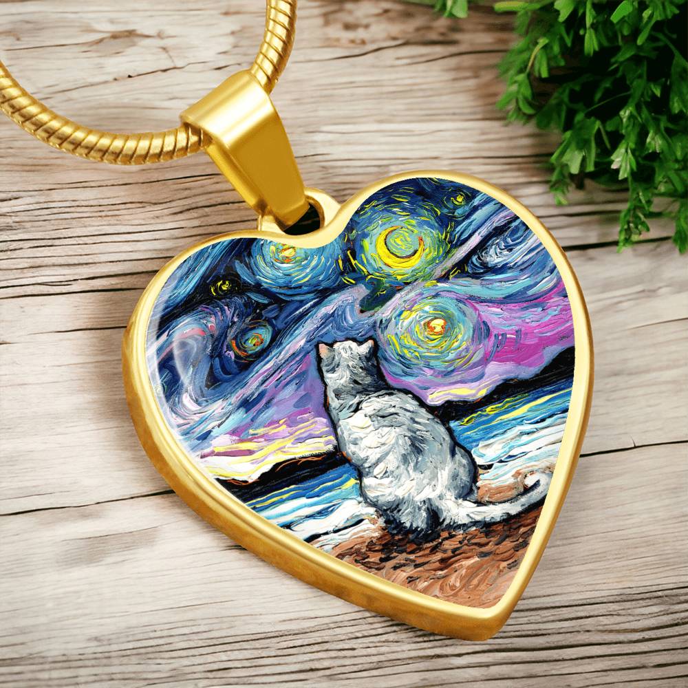 White Cat Beach Starry Night Heart Necklace