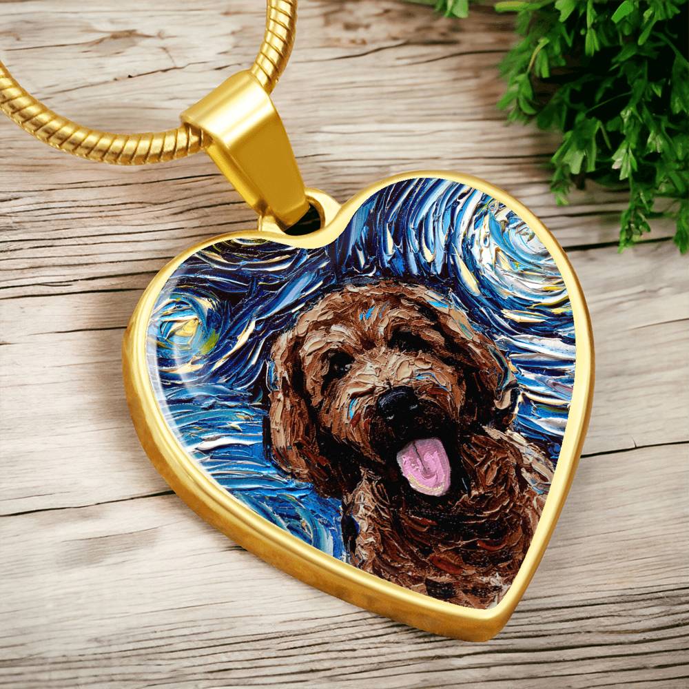 Brown Goldendoodle Portrait Starry Night Heart Necklace