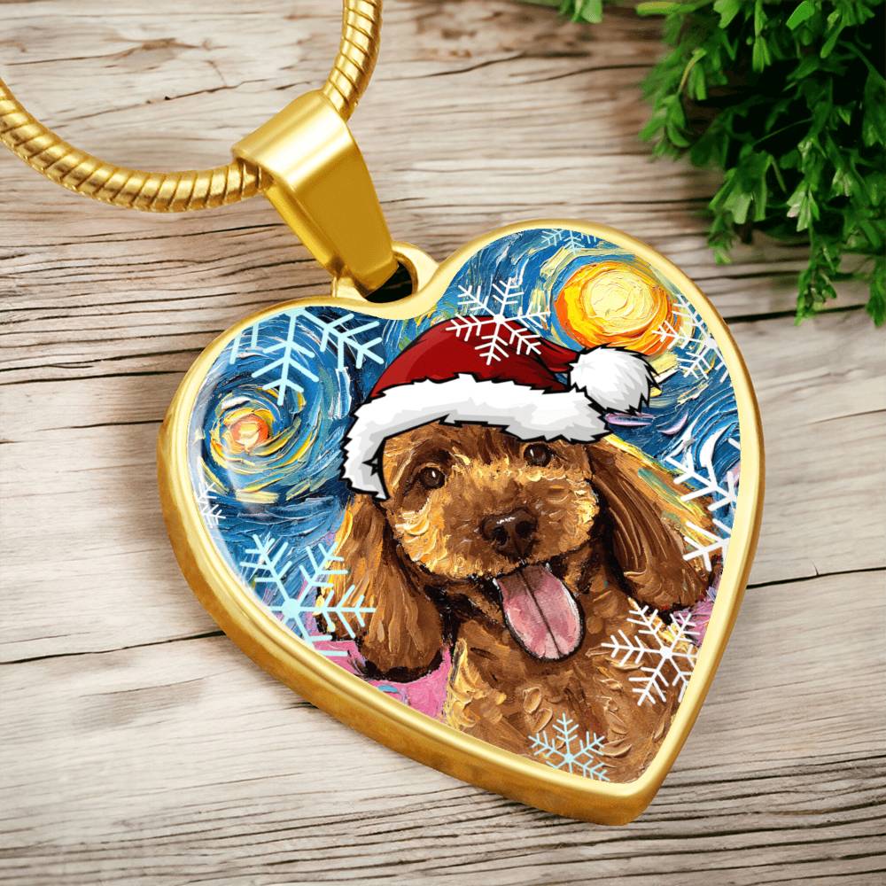 Apricot Poodle Puppy in Santa Hat Starry Night Heart Necklace