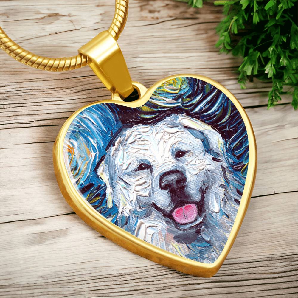 Great Pyrenees Portrait Starry Night Heart Necklace