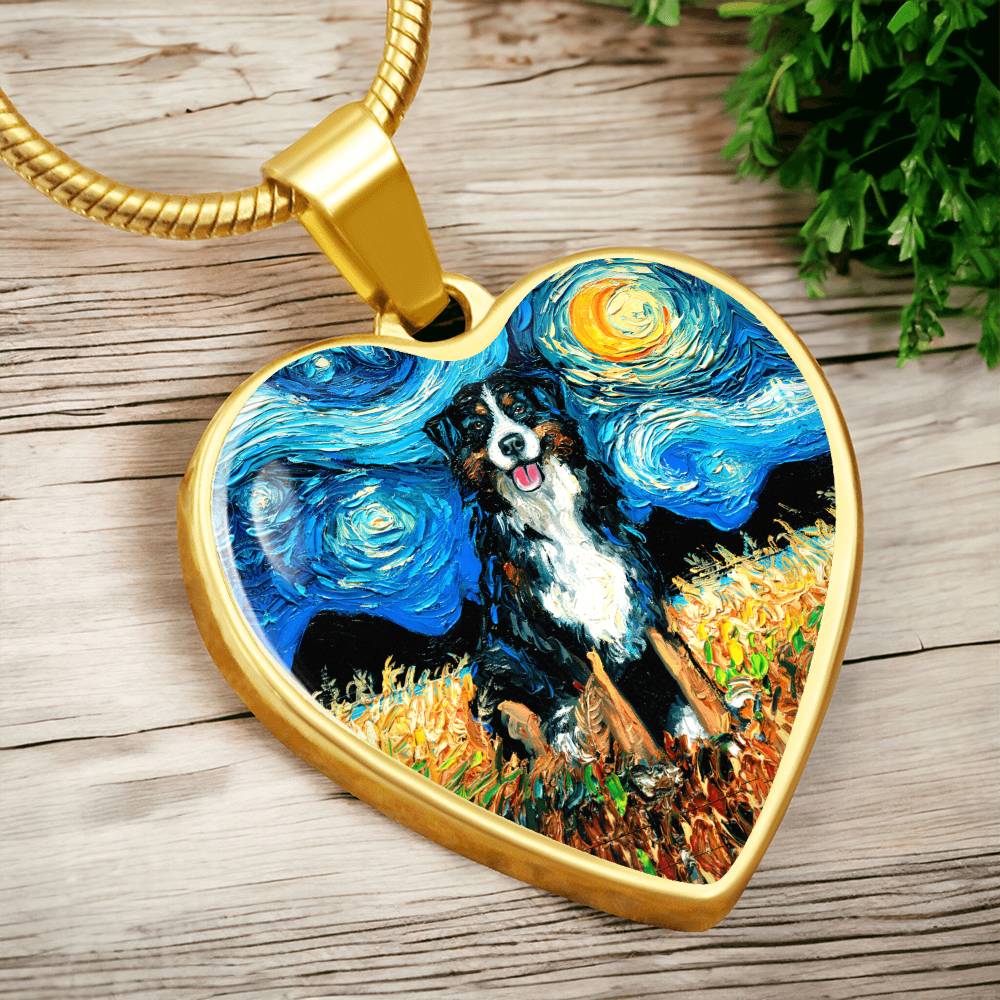 Bernese Mountain Dog Starry Night Heart Necklace